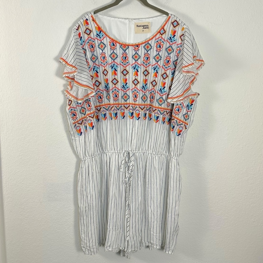 Savanna Jane Bohemian Embroidered Flutter Sleeve Romper Plus Size 2X Summer